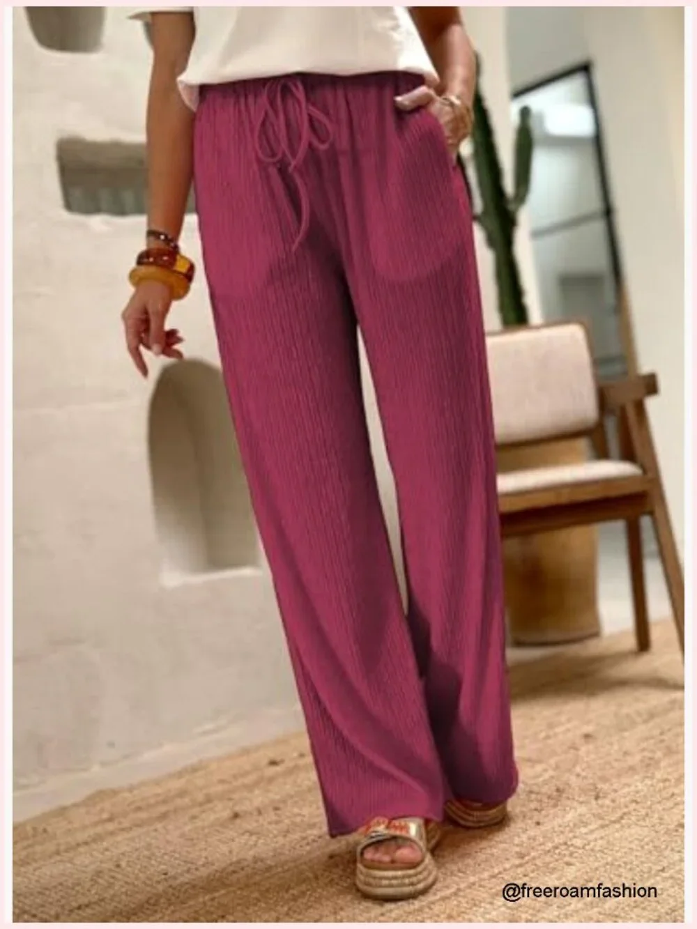 Linen Wide Leg Palazzo Pants with Pockets Drawstring Waist Trousers